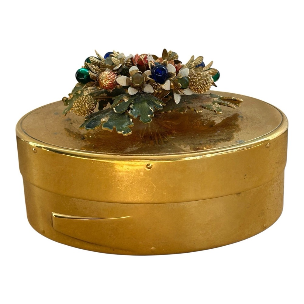 Vintage Gorham Gilt trinket box YC1141 enamel floral lid blue‎ velvet lined USA